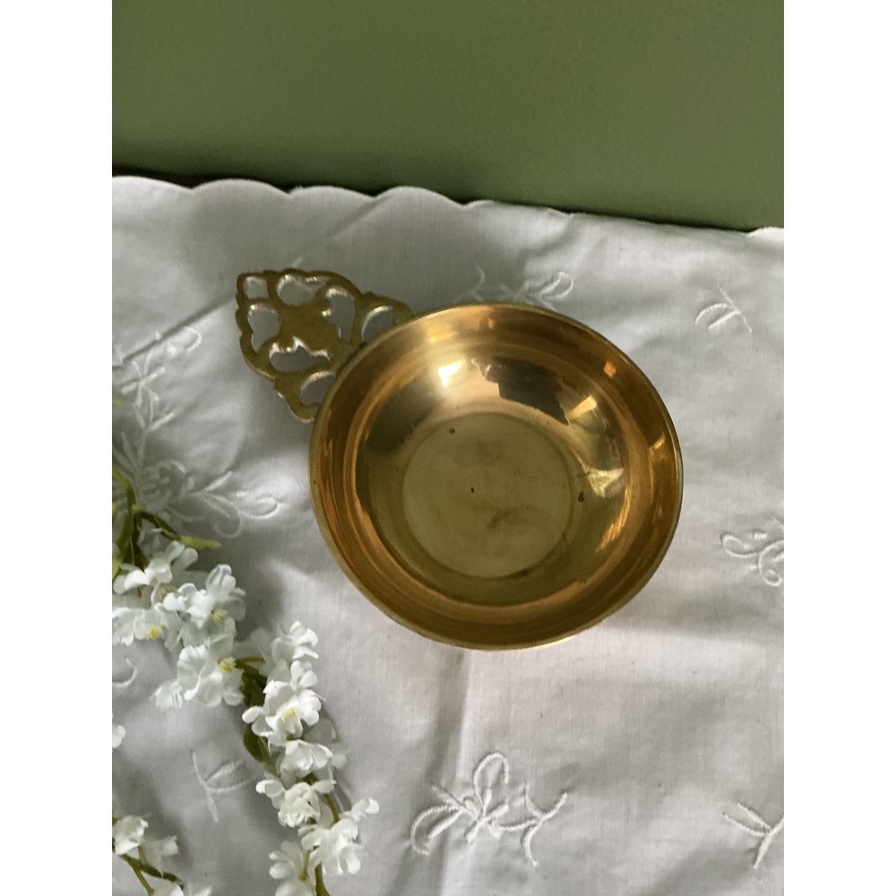 Vintage Solid Brass‎ Porringer Bowl Pierced Handle Trinket Dish Gold Tone Decor